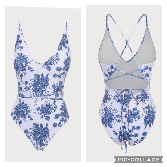 BERLOOK V Neck Backless One-Piece Swimsuit LARGE - Picture 6 of 14